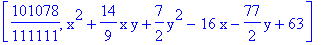 [101078/111111, x^2+14/9*x*y+7/2*y^2-16*x-77/2*y+63]